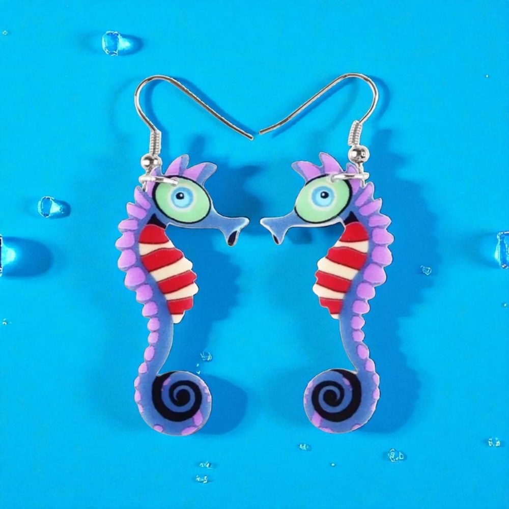 Cute Colorful Seahorse Design Dangle Earrings Bohemian Ocean Style Acrylic